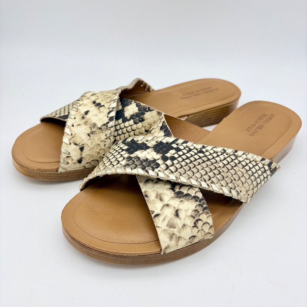 Sophia Milano‎ Snakeskin Print Slide Sandals Tan Black Cream W 9-9.5 Summer Cozy